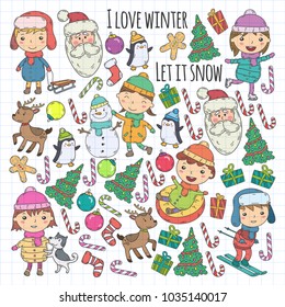 Children and winter games - ski, sledge, ice skating Christmas celebration. Kindergarten kids play and having fun. Santa claus, snowman, deer, penguin. Kids drawing vector doodle illustration.