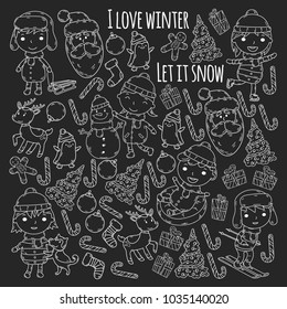 Children and winter games - ski, sledge, ice skating Christmas celebration. Kindergarten kids play and having fun. Santa claus, snowman, deer, penguin. Kids drawing vector doodle illustration.