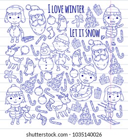 Children and winter games - ski, sledge, ice skating Christmas celebration. Kindergarten kids play and having fun. Santa claus, snowman, deer, penguin. Kids drawing vector doodle illustration.