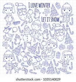 Children and winter games - ski, sledge, ice skating Christmas celebration. Kindergarten kids play and having fun. Santa claus, snowman, deer, penguin. Kids drawing vector doodle illustration.