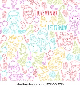 Children and winter games - ski, sledge, ice skating Christmas celebration. Kindergarten kids play and having fun. Santa claus, snowman, deer, penguin. Kids drawing vector doodle illustration.