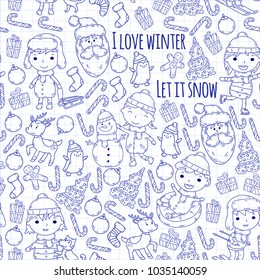 Children and winter games - ski, sledge, ice skating Christmas celebration. Kindergarten kids play and having fun. Santa claus, snowman, deer, penguin. Kids drawing vector doodle illustration.