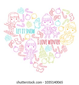 Children and winter games - ski, sledge, ice skating Christmas celebration. Kindergarten kids play and having fun. Santa claus, snowman, deer, penguin. Kids drawing vector doodle illustration.