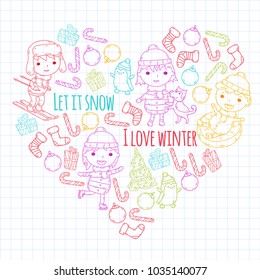 Children and winter games - ski, sledge, ice skating Christmas celebration. Kindergarten kids play and having fun. Santa claus, snowman, deer, penguin. Kids drawing vector doodle illustration.