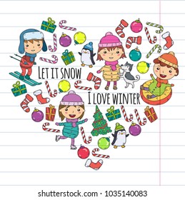 Children and winter games - ski, sledge, ice skating Christmas celebration. Kindergarten kids play and having fun. Santa claus, snowman, deer, penguin. Kids drawing vector doodle illustration.