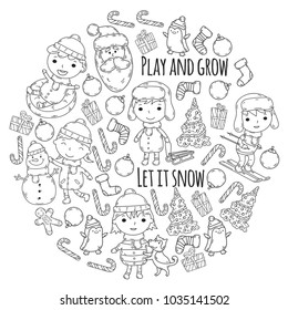 Children and winter games - ski, sledge, ice skating Christmas celebration. Kindergarten kids play and having fun. Santa claus, snowman, deer, penguin. Kids drawing vector doodle illustration.