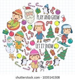 Children and winter games - ski, sledge, ice skating Christmas celebration. Kindergarten kids play and having fun. Santa claus, snowman, deer, penguin. Kids drawing vector doodle illustration.