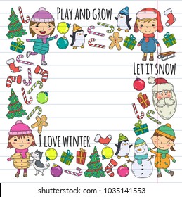 Children and winter games - ski, sledge, ice skating Christmas celebration. Kindergarten kids play and having fun. Santa claus, snowman, deer, penguin. Kids drawing vector doodle illustration.