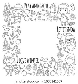 Children and winter games - ski, sledge, ice skating Christmas celebration. Kindergarten kids play and having fun. Santa claus, snowman, deer, penguin. Kids drawing vector doodle illustration.