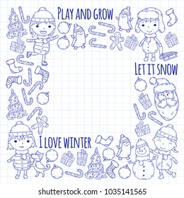 Children and winter games - ski, sledge, ice skating Christmas celebration. Kindergarten kids play and having fun. Santa claus, snowman, deer, penguin. Kids drawing vector doodle illustration.