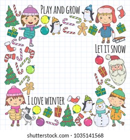 Children and winter games - ski, sledge, ice skating Christmas celebration. Kindergarten kids play and having fun. Santa claus, snowman, deer, penguin. Kids drawing vector doodle illustration.