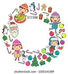 Children and winter games - ski, sledge, ice skating Christmas celebration. Kindergarten kids play and having fun. Santa claus, snowman, deer, penguin. Kids drawing vector doodle illustration.