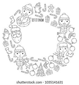 Children and winter games - ski, sledge, ice skating Christmas celebration. Kindergarten kids play and having fun. Santa claus, snowman, deer, penguin. Kids drawing vector doodle illustration.
