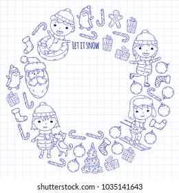 Children and winter games - ski, sledge, ice skating Christmas celebration. Kindergarten kids play and having fun. Santa claus, snowman, deer, penguin. Kids drawing vector doodle illustration.