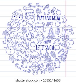 Children and winter games - ski, sledge, ice skating Christmas celebration. Kindergarten kids play and having fun. Santa claus, snowman, deer, penguin. Kids drawing vector doodle illustration.