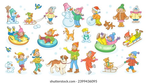 Niños en invierno. Niños y niñas felices juegan, esculpieron a un muñeco de nieve, durmiendo y caminando con juguetes y mascotas. Diseñado al estilo de las caricaturas. Aislado sobre fondo blanco. Ilustración vectorial.