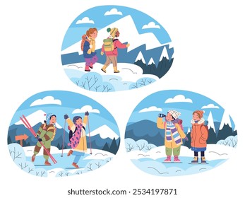 Children winter hiking. Kids friends explore snow cold weather, child hiker trip adventure kid climber camp mountains nature travel boy girl warm clothes classy vector illustration original artwork