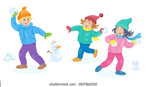 Children in winter.Two little girls  and funny boy are playing snowballs. In cartoon style. Isolated on white background. Vector flat illustration.