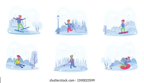 Children Winter Outdoors Activities and Leisure Set with Cute Little Child Cartoon Character Skiing and Sledging, Downhilling on Tubing and Playing Hockey. Flat Vector Illustration Isolated.