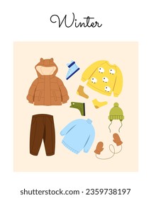 Children winter outfits set. Wear and apparel for cold weather and snow season. Yellow and blue sweaters, knitted socks and hats. Cartoon flat vector collection isolated on beige background