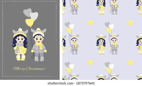 Children in winter. Seamless patterns and greeting card Merry Christmas. Couple - a boy and a girl with deer antlers on their heads and with balloons in winter clothes on a gray background. Vector