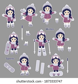 Children in winter. A set of stickers - Cute girl skiing, skating and snowboarding in different poses. winter sports. Vector illustration. Childrens collection for postcards, design and print