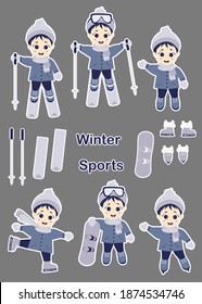 Children winter. Set of stickers - Cute boy is skiing, skating and snowboarding in different poses. Winter sports. Vector illustration. Childrens collection for postcards, design and print