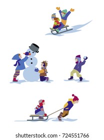 Children in winter, snow, Vector illustration, clip art of Kids building a snowman, tobogganing and having a snowball fight.