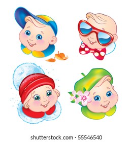 Children in winter, spring, summer and autumn clothes. Vector illustration.