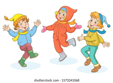 Children in the winter. Two cheerful boys and one cute girl are dancing in the yard. In cartoon style. Isolated on white background. Vector illustration.