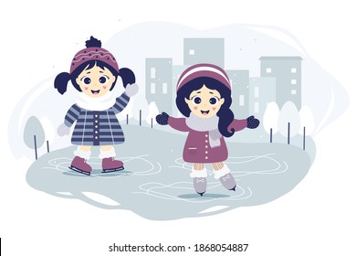 Children are winter. Two girls ride a skating rink in the city on a blue background with a cityscape, houses and trees. Winter sports and entertainment. Vector illustration