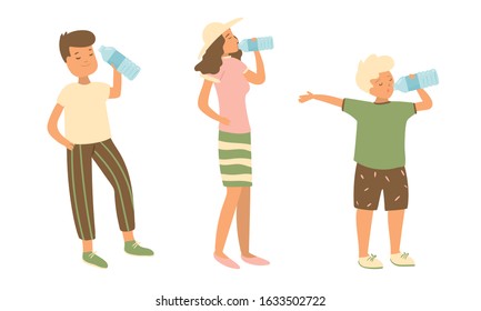 Children and woman standing and drinking water vector illustration