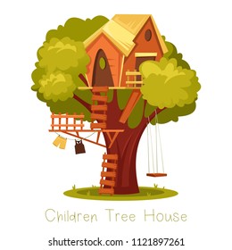 Children wooden house on oak. Tree with ladder and kid tree-house. Hut for baby outdoor activity. Playhouse for kindergarten people with swing or seesaw, teeterboard. Architecture theme