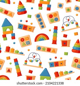 Children wooden toys for Montessori games. Baby seamless pattern. Education logic toys for preschool kids. Montessori system for early childhood development. Vector illustrations on white background.