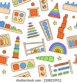 Children wooden toys for Montessori games. Hand drawn baby seamless pattern. Logic toys for preschool kids. Montessori system for early childhood development. Vector illustrations on white background.