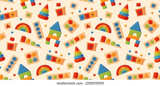 Children wooden toys for Montessori games. Baby seamless pattern. Education logic toys for preschool kids. Montessori system for early childhood development. Vector illustrations on white background.