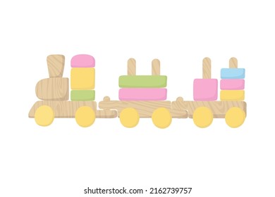 Children wooden train. Locomotive toy. Montessori system for early childhood development. First Toys for Education logic games. Cartoon flat vector hand drawn illustration isolated on white background