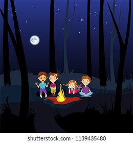 Children In The Woods Around A Campfire Telling Horror Stories