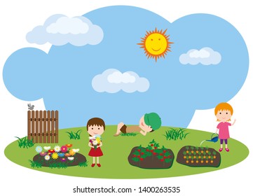 Children work in the garden. Little girls watering the beds and gathering flowers, the boy is resting on the grass.