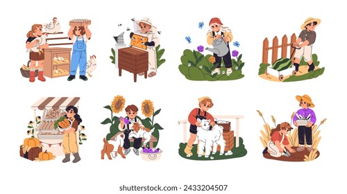 Children work on agriculture farm set. Kids care about baby animals, feed little goats. Girls and boys garden gather harvest. Young farmers sell vegetables. Flat isolated vector illustration on white