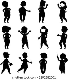 Children workers diverse cartoon baby professional engineer carpenter fun teacher police girl isolated Vector Silhouettes