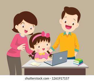 Children working laptop ,Family be happy for something of children Girl with laptop