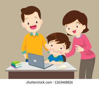 Children working laptop ,Family be happy for something of children Girl with laptop