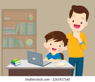 Children working laptop,Dad be happy for something of children boy with laptop.