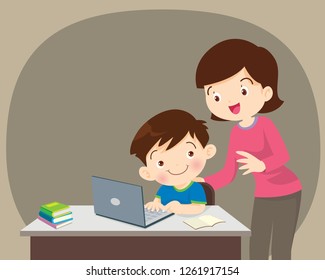 Children working laptop,Mom be happy for something of children boy with laptop.