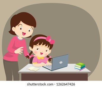 Children working laptop,Mom be happy for something of children Girl with laptop.