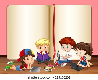 Niños que trabajan en computadoras en una ilustración de una habitación