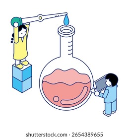 Niños trabajando en experimentos científicos | Ilustración isométrica de la Imagen educativa de observación y registro.