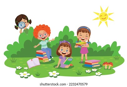 Children working and reading book in the park