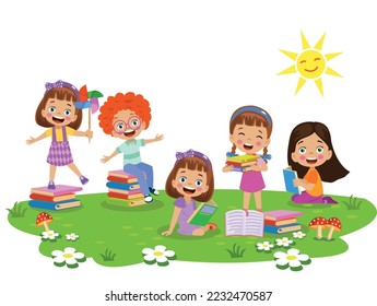 Children working and reading book in the park